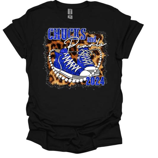 Chucks and Pearls Blue with Leopard Background T-Shirt