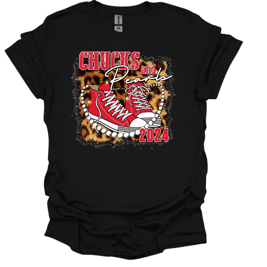Chucks and Pearls Red with Leopard Background T-Shirt