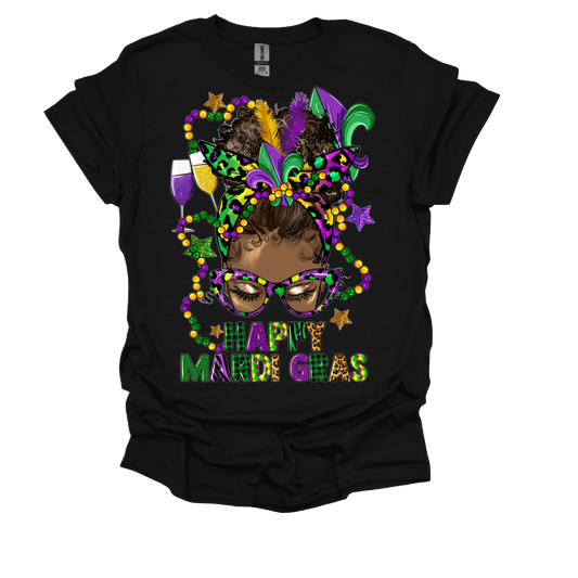 Happy Mardi Gras Messy Bun Black Lady T-shirt or Hoodie
