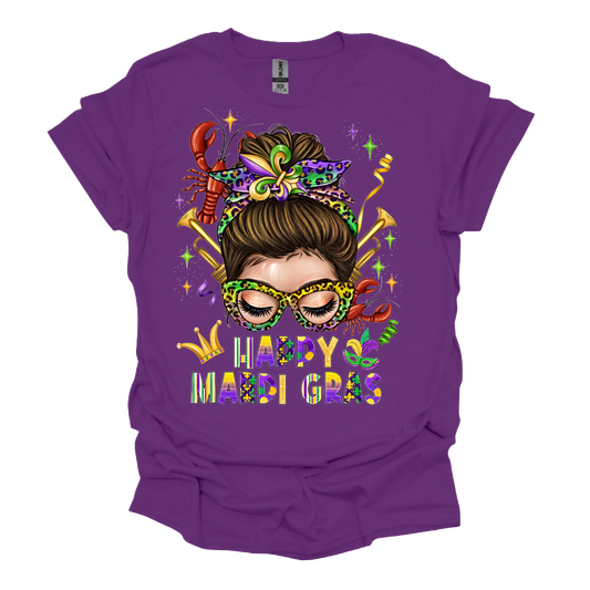 Happy Mardi Gras Messy Bun White Lady T-shirt or Hoodie
