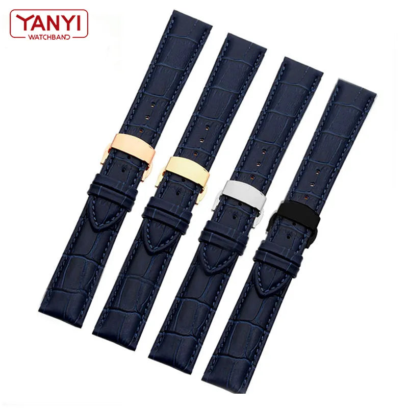 Genuine leather bracelet dark blue color watch strap with Butterfly Clasp