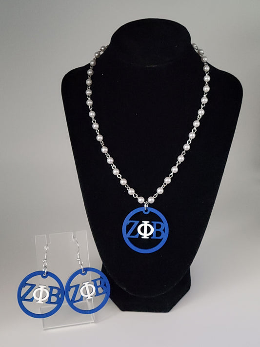 Zeta Phi Beta Pearl Medallion Necklace and Earring Set