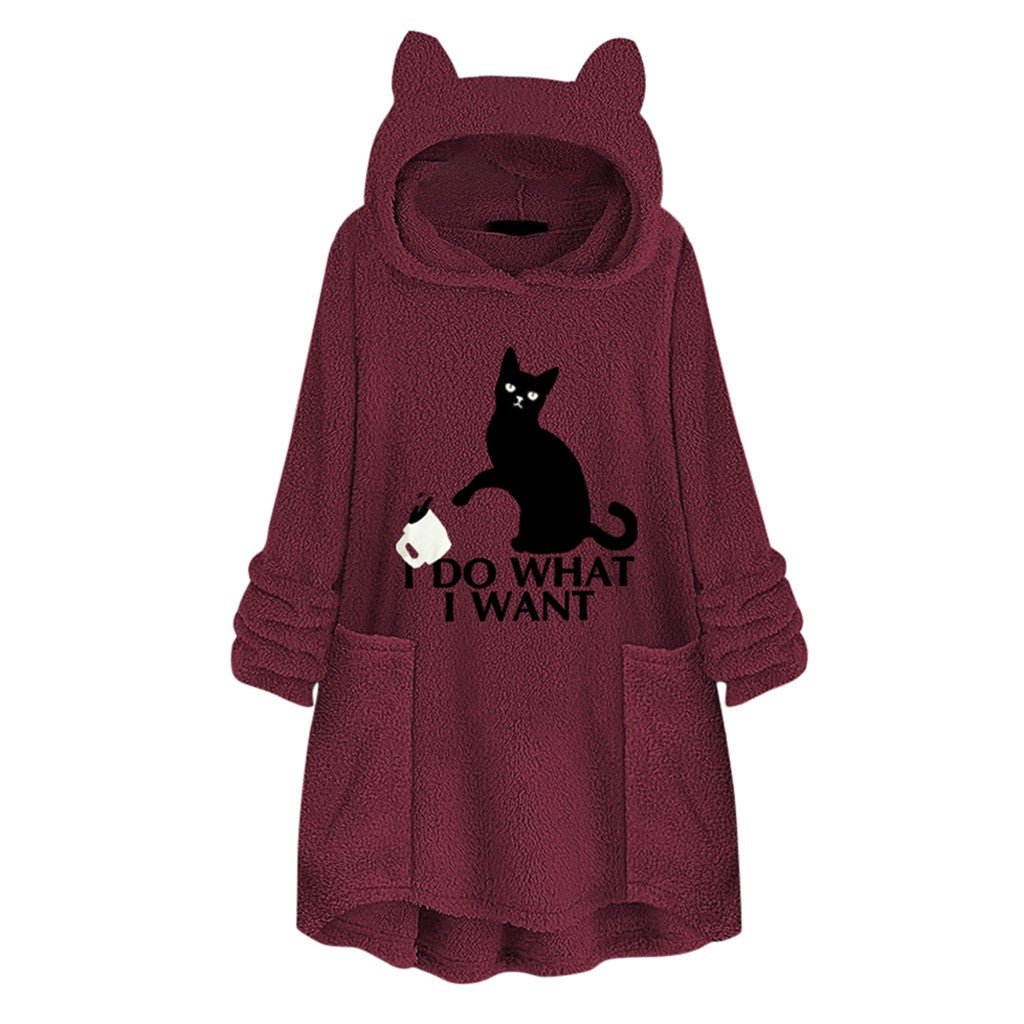 Hooded Pullover Cat Print Long Sleeved Reversible Velvet Sweater