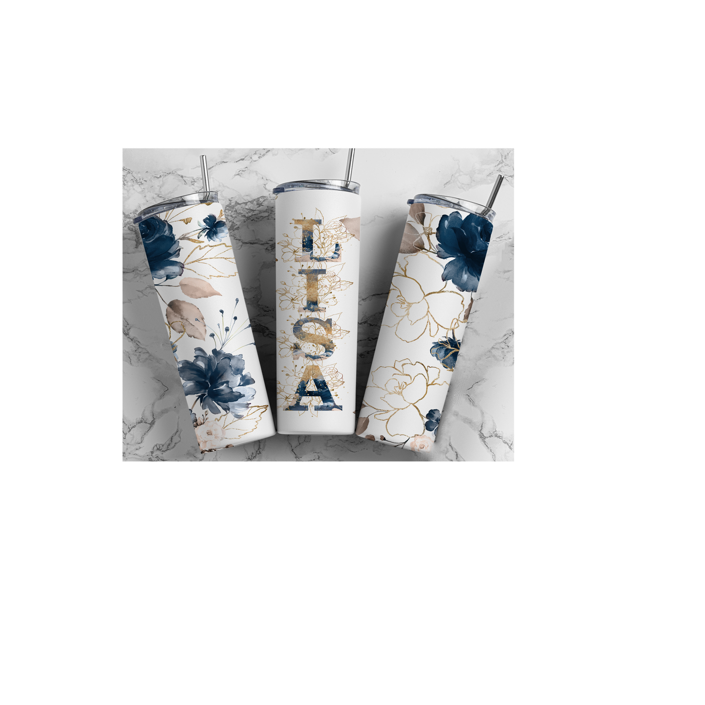 Blue and Gold Floral 20oz Skinny Tumbler (Made in America)