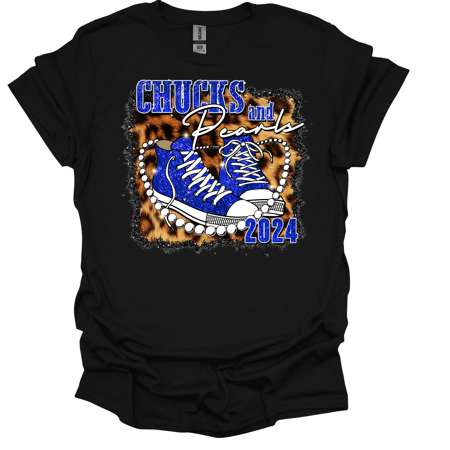 Chucks and Pearls Blue with Leopard Background T-Shirt