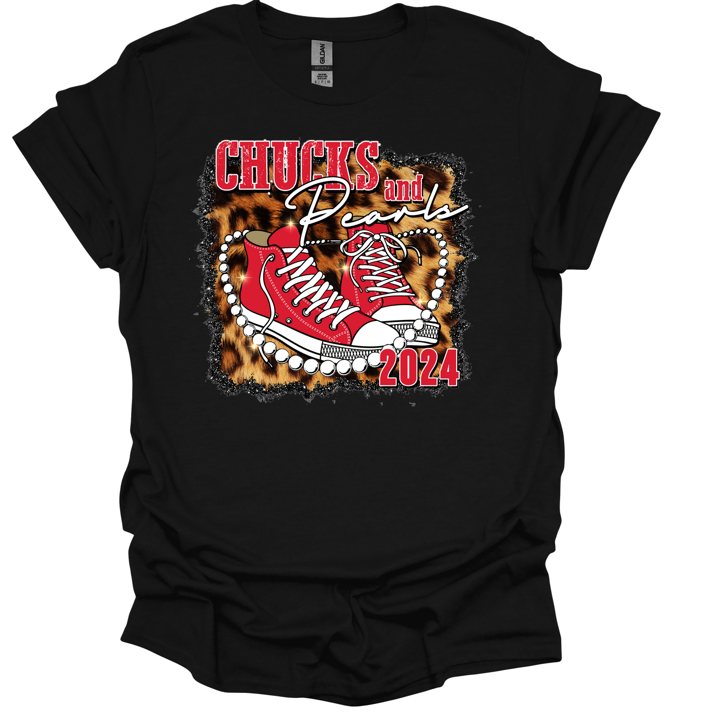 Chucks and Pearls Red with Leopard Background T-Shirt