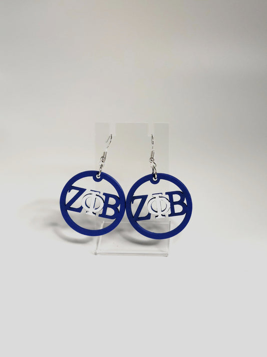 Zeta Phi Beta Blue Round Earrings with White Center