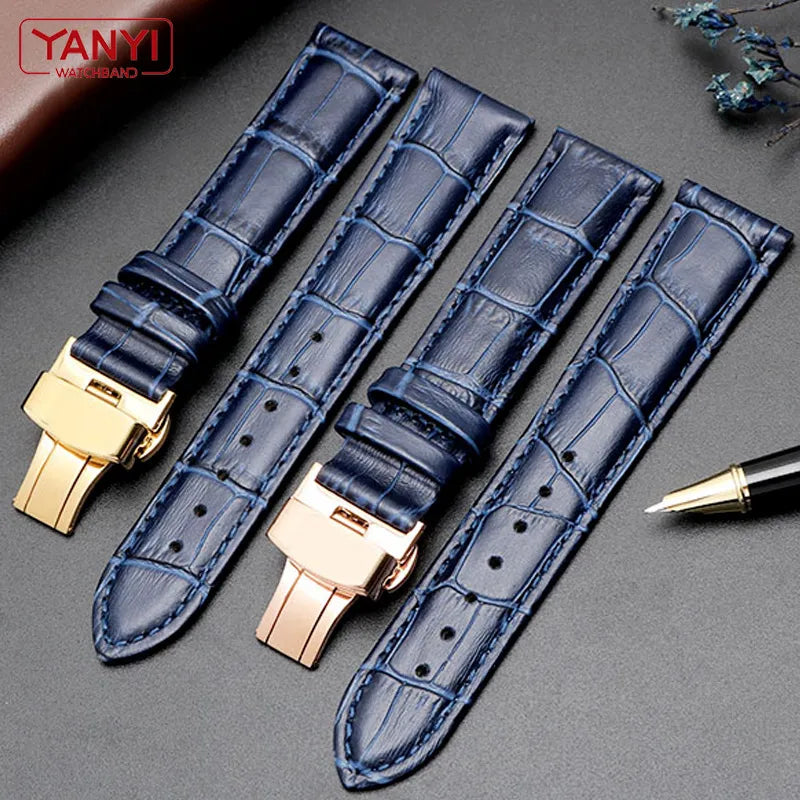 Genuine leather bracelet dark blue color watch strap with Butterfly Clasp