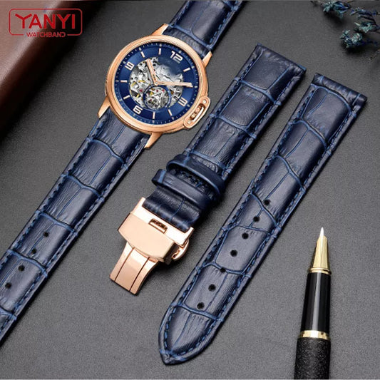 Genuine leather bracelet dark blue color watch strap with Butterfly Clasp